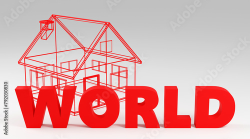 Houses in the shape of letter saying World 3d render