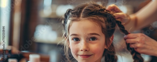 A loving mother gently braids her daughter's hair in an intimate family moment.