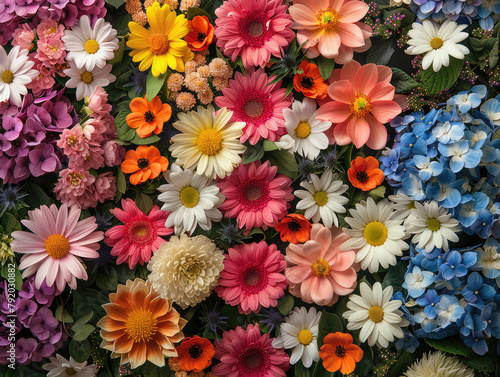 A vibrant display of various flowers, including daisies and gerberas in bright colors like pink, orange, yellow, white, blue, purple, green and red. Created with Ai