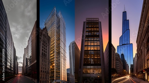 Panoramic view of modern skyscrapers at sunset, Chicago, Illinois, USA photo