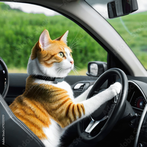 A red cat driving a car.