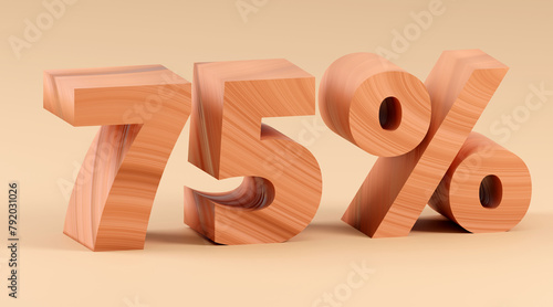 Inscription wooden 75 percents on grey podium, soft light, smooth background, 3d rendering