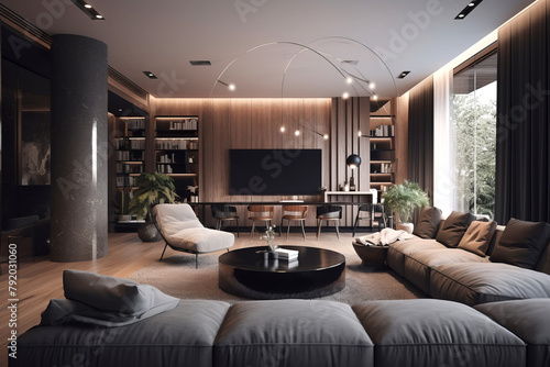 Cozy interior of living room in modern house in lounge style.