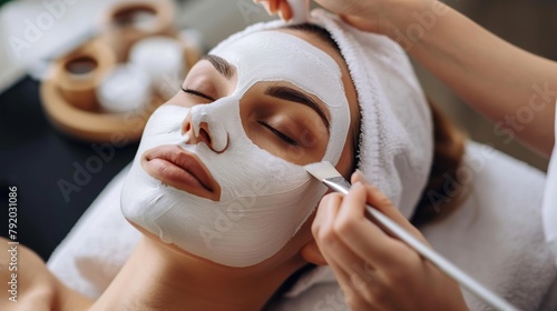 Young woman getting facial treatment in beauty salon, with cosmetic mask on her face. photo