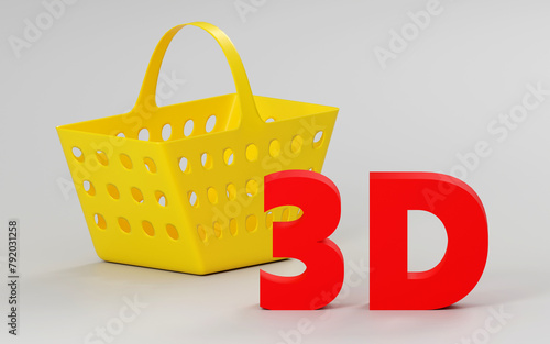 Luxury red sign 3d on grey podium with empty shopping basket, soft light, smooth background, 3d rendering