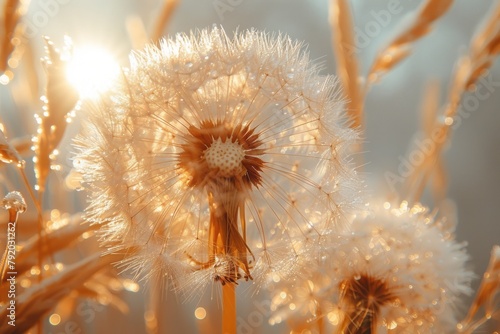 Background with Intricate details of a dandelion seedhead up close, showcasing the delicate structure and beauty of nature.  photo