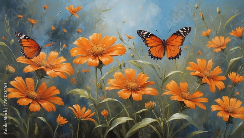 Elegant wildflower blooms and vibrant orange butterflies depicted in oil painting. © xKas