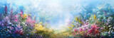 A painting depicting a pathway winding through a vibrant field of colorful flowers, leading into the distance