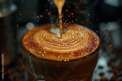 Dynamic coffee splash with milk pouring in photo