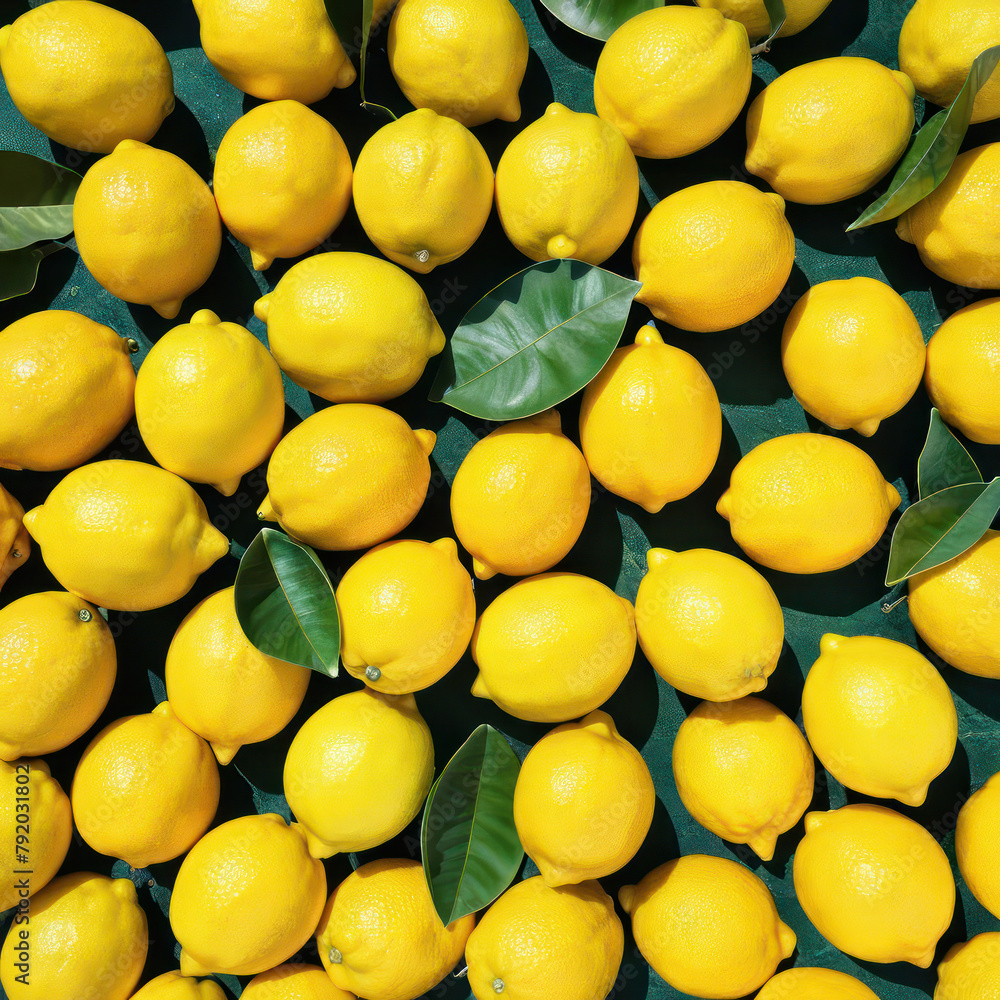 Many yellow lemons in the sunshine. Illustration for design. Flatlay.