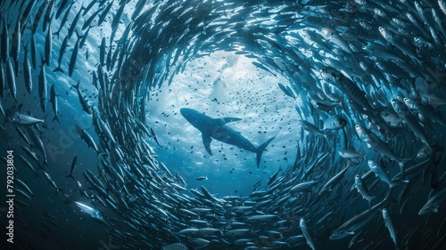 Shark silhouetted by fish swarm underwater - A mystical view of a shark surrounded by a dense swarm of fish with light shining through the ocean's surface