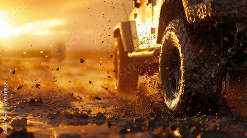 Thrilling moment as an off-road vehicle conquers the muddy terrain at dusk photo