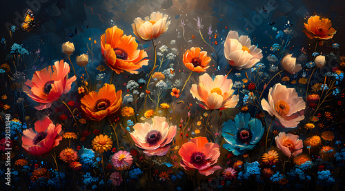 Fantasy Bloom: Oil Painting Illustrating the Playful Metamorphosis of Flowers in a Magical Garden
