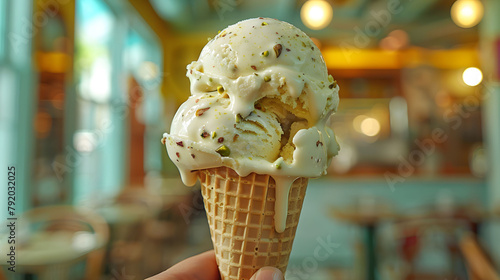 Hand Holding A Dripping Pistachio Ice Cream Cone