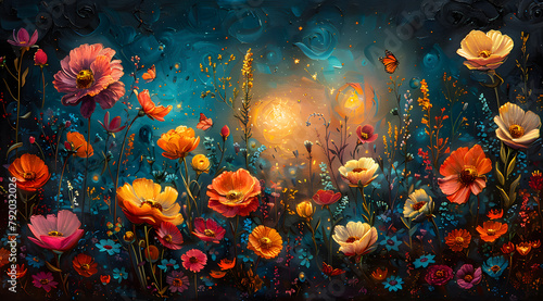 Glowing Dreamscape: Oil Painting Bringing to Life the Magical Evolution of Flowers in an Enchanted Garden © Thien Vu