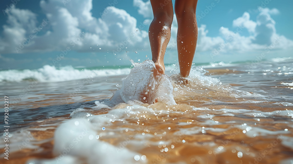 Woman Legs Runs Along On A Sunny Beach Woman Legs Runs Along On A Sunny Beach