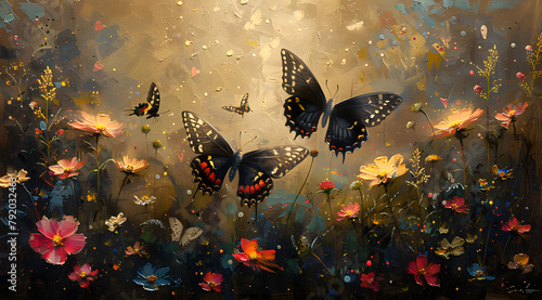 Nature's Choreography: Oil Painting Revealing the Elegant Partnership of Butterflies and Flowers