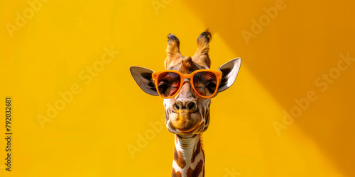 A giraffe wearing sunglasses and smiling. The giraffe is wearing a pair of orange sunglasses and he is enjoying the sun photo