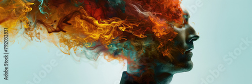 A mans head with a colorful smoke trail emanating from it, creating a unique visual effect photo