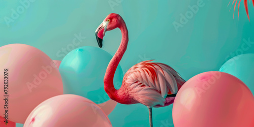 A pink flamingo is standing on a pink and blue balloon. The flamingo is the main focus of the image, and the balloons are in the background. The image has a playful and whimsical mood