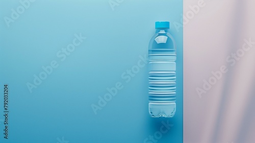 Water bottle mockup background, plastic bottle on blue and pink background, transparent equipment wet container drinking water