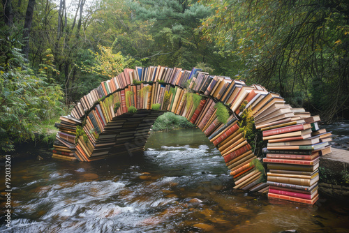 A bridge made entirely of giant books, spanning a river. The bookworms living inside the books are the bridges caretakers, ensuring the pages stay crisp and the plotlines intact