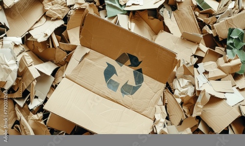 A pile of paper and cardboard materials marked with the universal recycling symbol ready for transport to recycling center