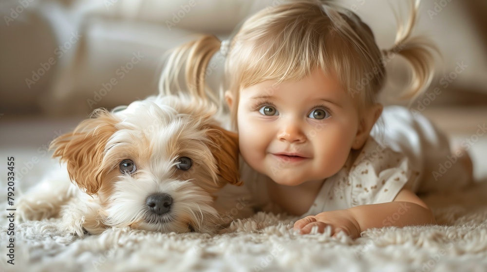 Adorable baby, happiness friendship purebred dog fun Adorable baby, happiness friendship purebred dog fun