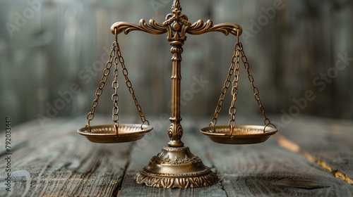 Balance concept, scale of justice on wooden table, chain guilt idea legislation single object