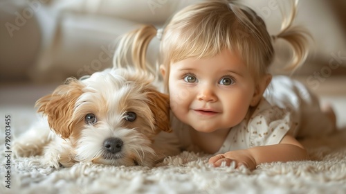 Adorable baby, happiness friendship purebred dog fun photo