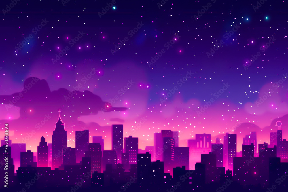A city skyline with a purple sky and stars. The city is lit up with neon lights. Scene is dreamy and romantic A city skyline with a purple sky and stars. The city is lit up with neon lights. Scene is dreamy and romantic