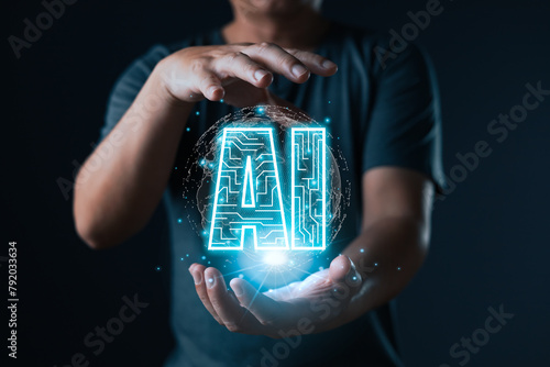 Digital Artificial Intelligence (AI) technology disruption concept.man use smartphone command prompt Ai chat. Big data storage.Innovative technology Machine learning support in the business.