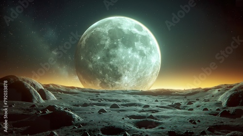 Moon space astronomy night sky  surreal lunar terrain with a radiant full moon rising on the horizon, ideal for sci-fi and space education  moon space astronomy night sky photo