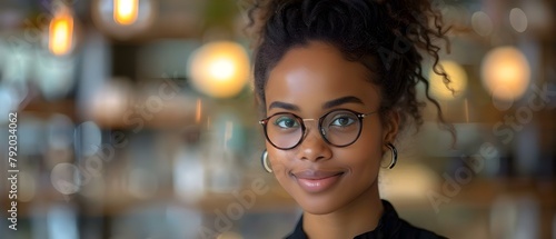 Smiling African American woman in glasses at modern optical shop. Concept Fashion Eyewear, Stylish Frames, Optical Boutique, African American Model, Modern Trends