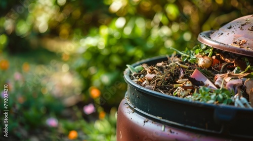 Green Composting Bin with Organic Waste Close-Up Photo photo