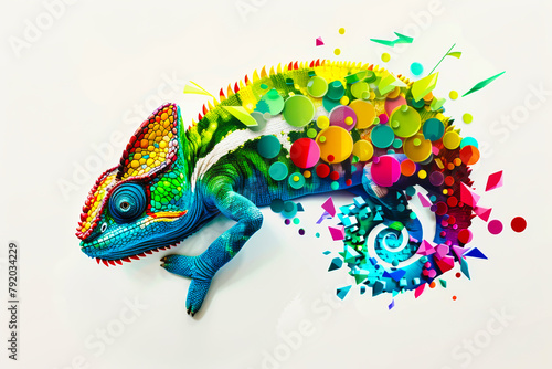 A colorful chameleon with a rainbow pattern on its body. The image is a work of art, with a vibrant and lively mood. The chameleon is the main focus of the image photo