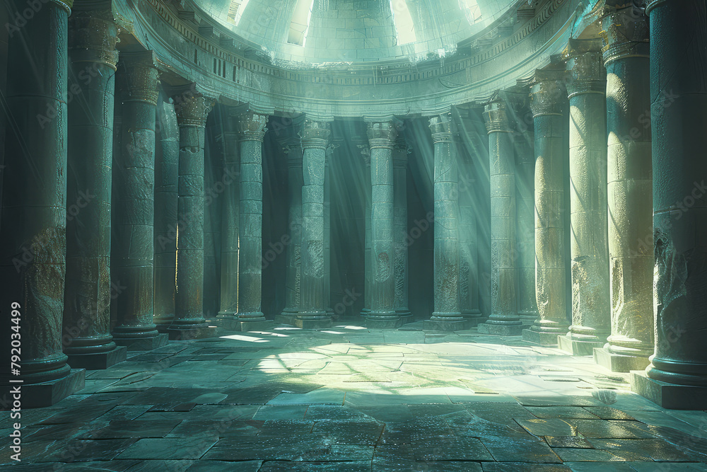 Concept art of an ancient Roman bathhouse interior, with marble columns and steam rising from the water in its center, fantasy style. Created with Ai - obrazy, fototapety, plakaty 