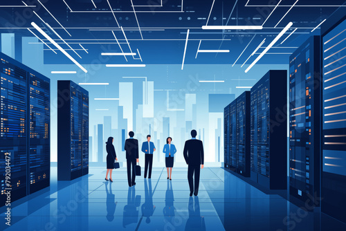 Business graphic vector modern style illustration of business people in a data farm centre rack nas raid cloud computing files and sensitive remote work contract to share between colleagues photo