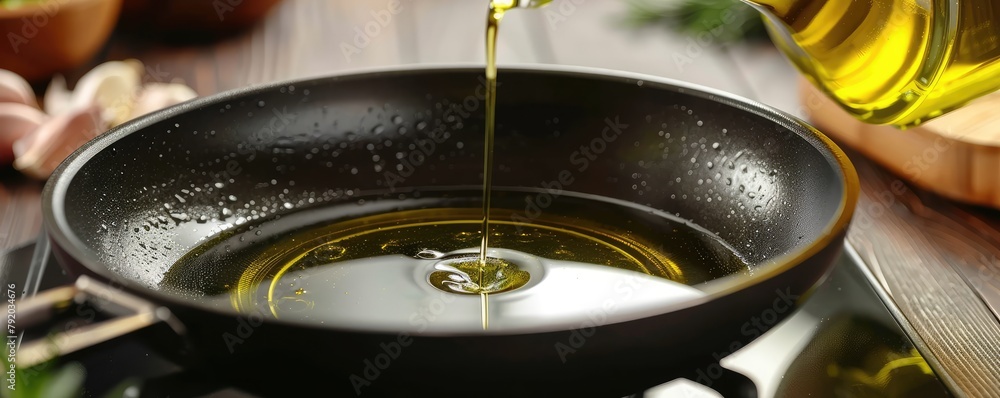 golden olive oil being poured into a black non-stick frying pan, symbolizing cooking and food preparation. golden olive oil being poured into a black non-stick frying pan, symbolizing cooking and food preparation.