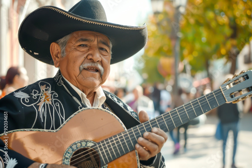 A mariachi player strums his guitar on a city street, his somber expression adding depth to the festive scene.