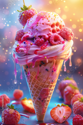 illustration of a melting ice cream cone with raspberries and strawberries against a bokeh background. © Hype2Art