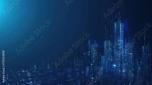 skyscrapers business office modern buildings low poly wireframe on blue background. copy space for text.technology digital building. AI generated illustration