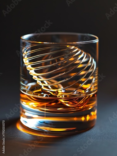 A glass of whiskey with the liquid swirling in an Sshaped spiral, creating an abstract and artistic appearance on a black background The focus is sharp on the bottom half of the drink where it forms t photo