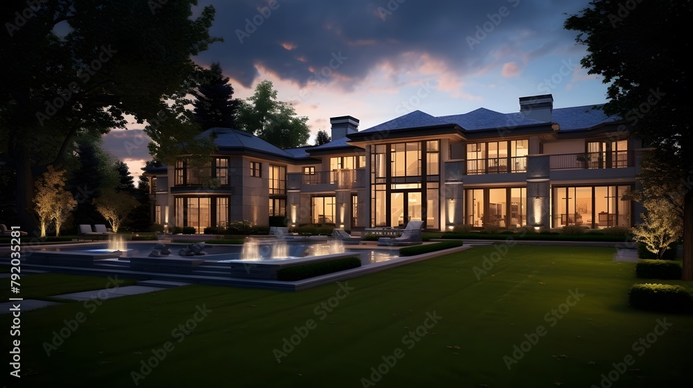 A panoramic view of a luxury home in the evening.