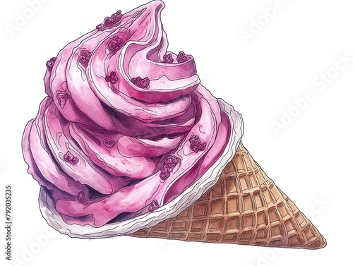 Soft serve strawberry ice cream cone held against a grey background.