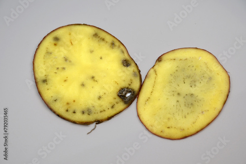 a cut of a potato tuber with black spots and streaks. The texture of a diseased potato tuber. Unsuitable for use in food and for planting. Selective focus. Dirty background