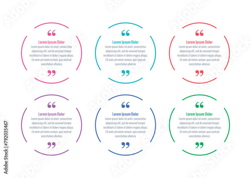Text with six colored double quotation marks in a circle. quote concept in circle. double quotes and emphasis text concept