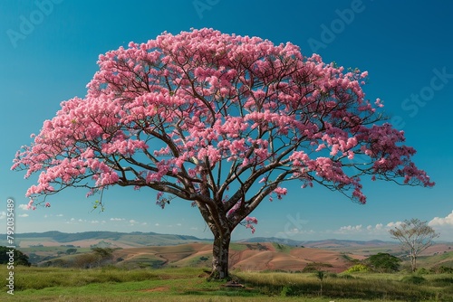 Witness the enchanting beauty of a majestic pink Ipê tree in full bloom, as its soft pink flowers gracefully contrast with deep green leaves under the serene azure sky photo
