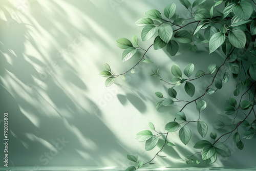 A closeup of light green leaves and vines on the wall  with sunlight shining through them. Created with Ai