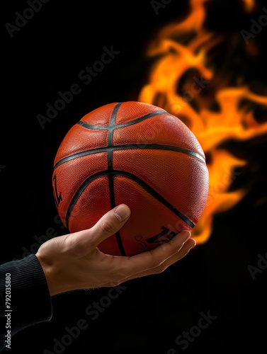 A hand holding an orange basketball with flames on the background, black background, mobile wallpaper, high resolution, high quality, high detail, high definitionRembrandt lighting ©  Green Creator